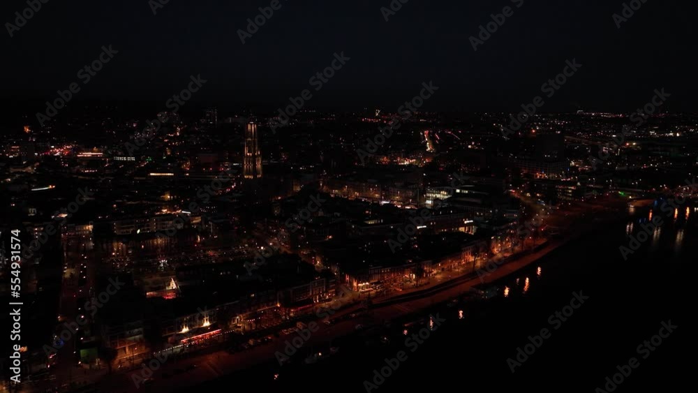 Arnhem city in the Netherlands by night Aerial drone. City center, rhine river and church, Eusebiuskerk, john frost bridge, skyline and infrastructure, city center. Arnhem city in the Netherlands by night Aerial drone. City center, rhine river and church, Eusebiuskerk, john frost bridge, skyline and infrastructure, city center.