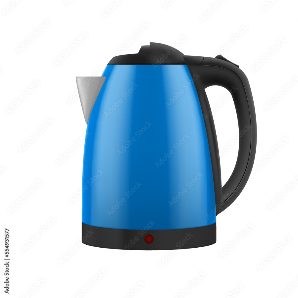 Household Electric Kettle with Closed Lid in Blue Color. Realistic Kitchen Appliance to Heat Water and Make Hot Drinks on White Background Household Electric Kettle with Closed Lid in Blue Color. Realistic Kitchen Appliance to Heat Water and Make Hot Drinks on White Background