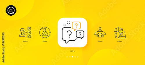 Microscope, Chemistry experiment and Question bubbles minimal line icons. Yellow abstract background. Opinion, Court judge icons. For web, application, printing. Vector
