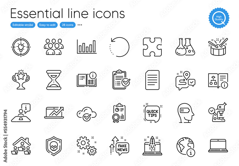 Puzzle, Group and Interview line icons. Collection of Inspect, Weariness, Internet icons. Chemistry lab, Fake news, Drums web elements. Cloud computing, Quick tips, Microscope. Time. Vector