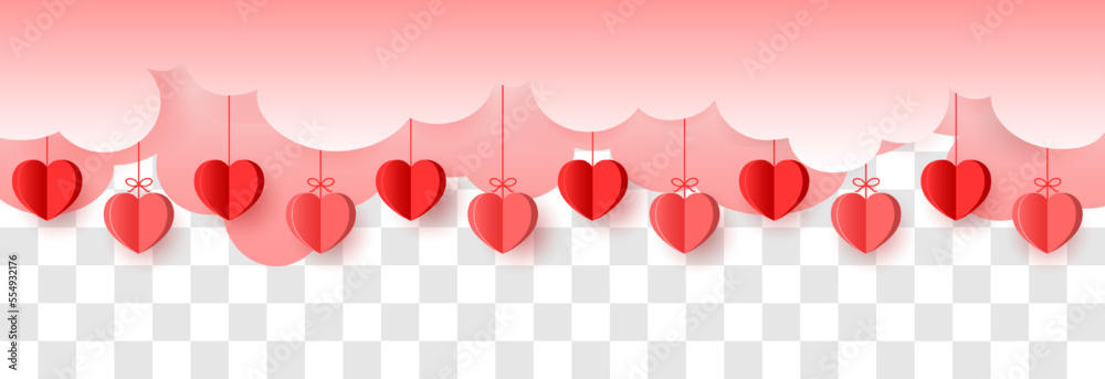Hanging hearts garland.Red 3d paper hearts .Valentine's Day seamless pattern. Hearts garland isolated on a transparent background. Valentine's day decoration.Hearts flying in the sky.