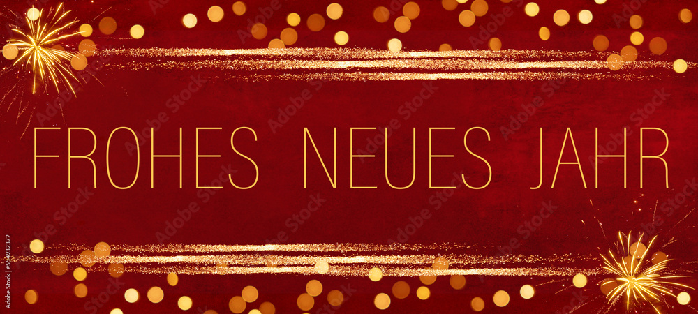 Frohes neues Jahr 2024 Silvester Neujahr Feiertag Banner Grußkarte Illustration - Goldenes Feuerwerk, Glitzerstreifen und deutscher Text, isoliert roter Textur