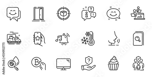 Outline set of Water analysis, Alarm sound and Parcel tracking line icons for web application. Talk, information, delivery truck outline icon. Include Bitcoin pay, Open door, Freezing icons. Vector