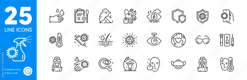 Outline icons set. Eye laser, Coronavirus vaccine and Nasal test icons. Coronavirus spray, Blood and saliva test, Serum oil web elements. Vaccination, Medical mask, Thermometer signs. Vector
