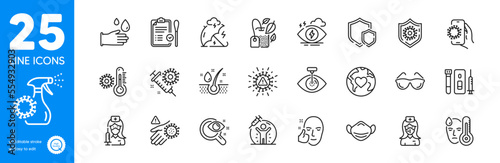Outline icons set. Eye laser, Coronavirus vaccine and Nasal test icons. Coronavirus spray, Blood and saliva test, Serum oil web elements. Vaccination, Medical mask, Thermometer signs. Vector