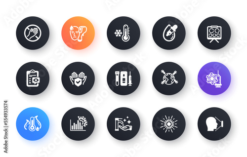 Minimal set of Coronavirus statistics, Low thermometer and Fever temperature flat icons for web development. Electronic thermometer, Blood and saliva test, Vision board icons. Vector
