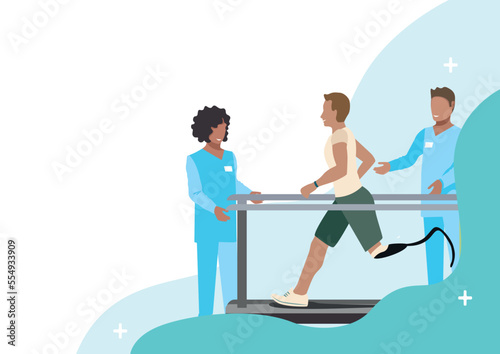 A man with a prosthetic leg undergoes rehabilitation at a medical center. A man after an amputation, together with a doctor, learns to run on a prosthetic leg. Vector illustration