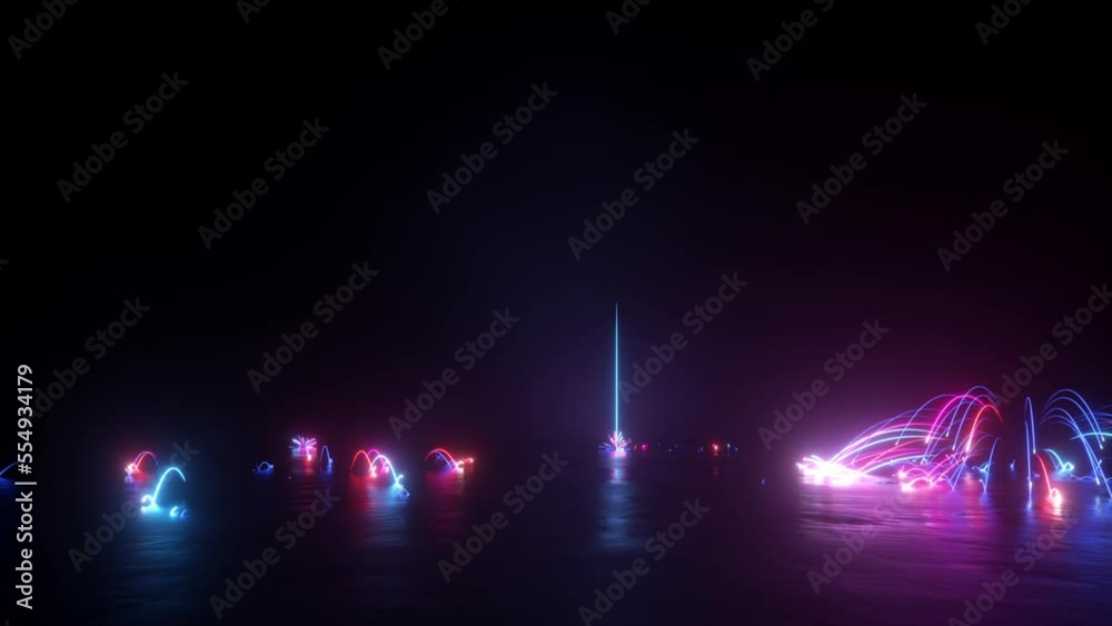 looped 3d animation, fantastic pink blue neon rain falls endlessly, colorful fireworks with sparkles, night scene abstract background