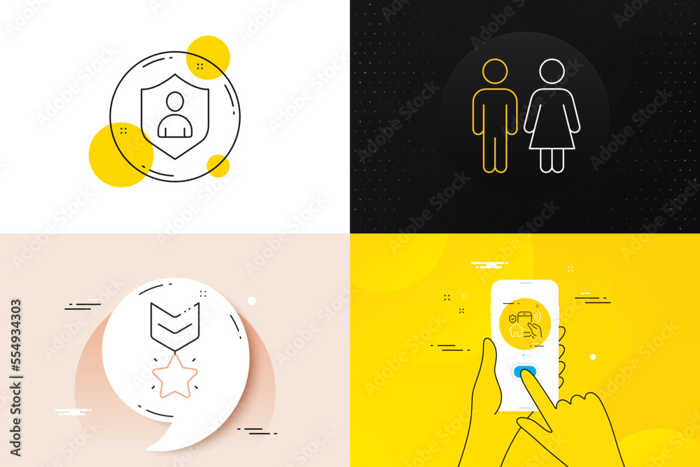 Minimal set of Security, Restroom and Winner medal line icons. Phone screen, Quote banners. House security icons. For web development. Private protection, Wc toilet, Ranking star. Smart home. Vector Minimal set of Security, Restroom and Winner medal line icons. Phone screen, Quote banners. House security icons. For web development. Private protection, Wc toilet, Ranking star. Smart home. Vector