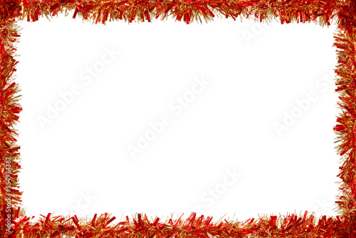 Red and golden tinsel frame isolated png with transparency with copy space. Christmas template and background