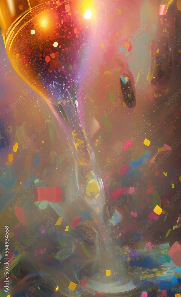 Happy New Year! A festive theme for celebration with fireworks and champagne. Bright vivid image with colorful background. AI-generated image, digital painting, vertical format. Happy New Year! A festive theme for celebration with fireworks and champagne. Bright vivid image with colorful background. AI-generated image, digital painting, vertical format.