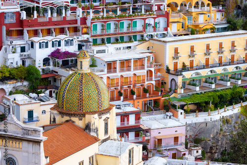 Touristic Town, Positano, on Rocky Cliffs and Mountain Landscape by the Tyrrhenian Sea. Amalfi Coast, Italy.