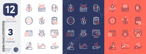 Set of Donation money, Accounting checklist and Discounts calendar line icons. Include Candlestick graph, Innovation, Money bag icons. Wallet, Loyalty star, Software bug web elements. Vector