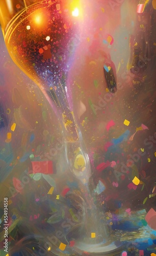 Happy New Year! A festive theme for celebration with fireworks and champagne. Bright vivid image with colorful background. AI-generated image, digital painting, vertical format. © Helen Filatova