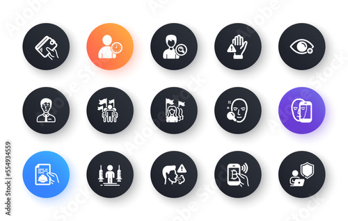 Minimal set of Coronavirus injections, Dont touch and Bitcoin pay flat icons for web development. Cough, Businessman person, Feminism icons. Face biometrics, Face search. Vector