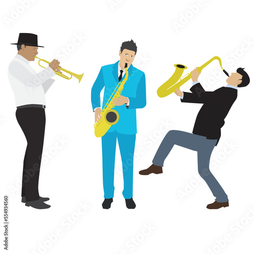 Man playing saxophone in orchestra or band vector illustration. Cartoon young male saxophonist holding musical instrument to play, blow sound notes of jazz blues music in bubble isolated on white