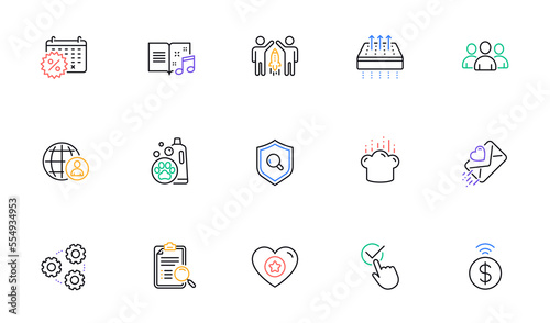 Search analysis, Gears and Love letter line icons for website, printing. Collection of International recruitment, Checkbox, Calendar discounts icons. Contactless payment, Group. Vector