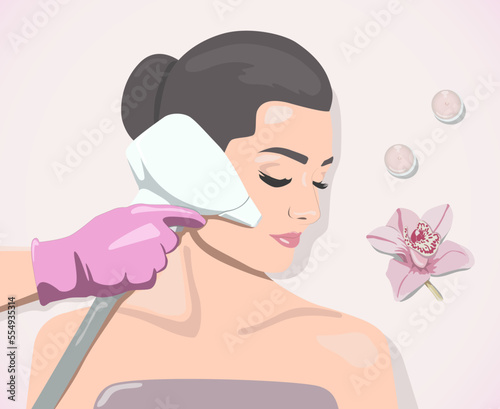 Illustration. Epilation hair removal procedure on a woman’s face. Beautician doing laser rejuvenation in a beauty salon. Removing unwanted body hair. 