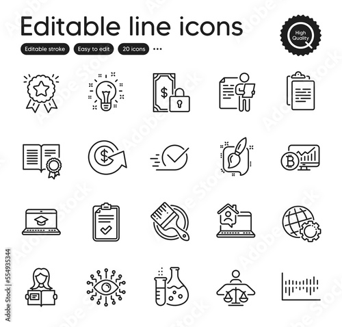 Set of Education outline icons. Contains icons as Painting brush, Artificial intelligence and Ranking star elements. Globe, Job interview, Checklist web signs. Checkbox, Brush. Vector