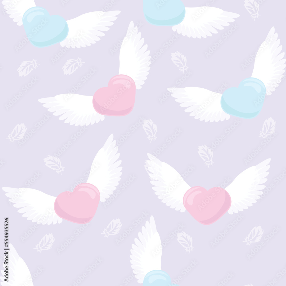 White and blue hearts with wings, delicate seamless pattern in watercolor tones