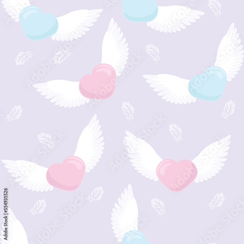 White and blue hearts with wings, delicate seamless pattern in watercolor tones