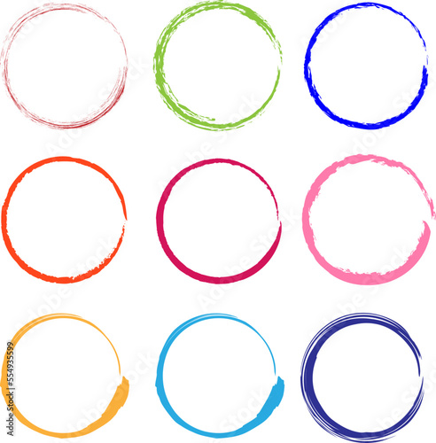 Set of 9 colored circles with brush design - Vector