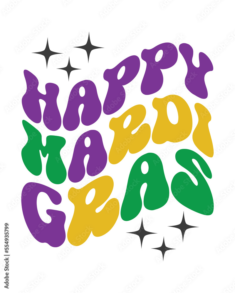 Naklejka premium Happy Mardi Gras quote retro groovy wavy typography sublimation on white background