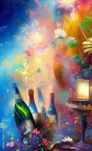 Happy New Year! A festive theme for celebration with fireworks and champagne. Bright vivid image with colorful background. AI-generated image, digital painting, vertical format.