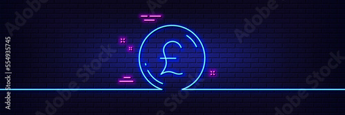 Neon light glow effect. Pound money line icon. Gbp currency sign. Cash coin symbol. 3d line neon glow icon. Brick wall banner. Pound money outline. Vector