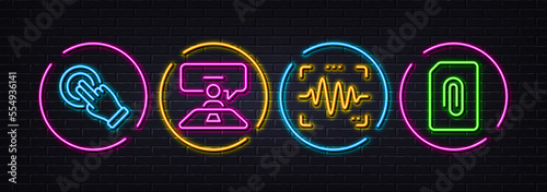 Interview job, Voice wave and Touchscreen gesture minimal line icons. Neon laser 3d lights. Attachment icons. For web, application, printing. Consulting, Sound access, Click hand. Vector