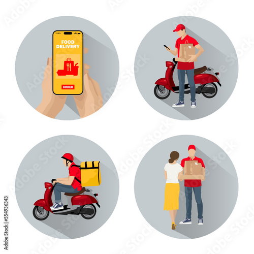 Fast food delivery service. A set of round food icons online order.