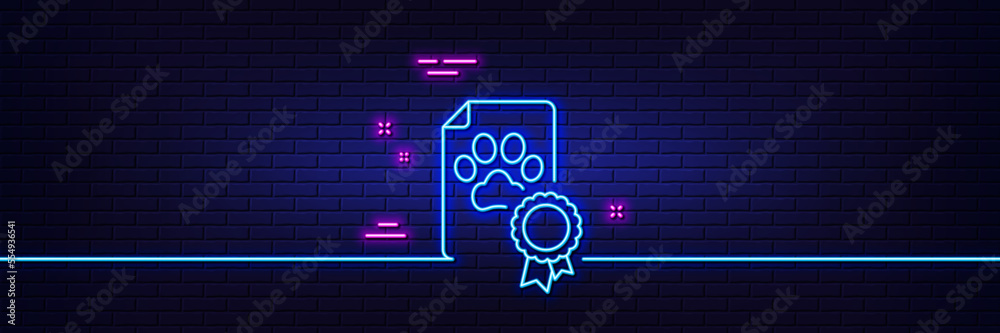 Neon light glow effect. Dog competition certificate line icon. Pets award sign. Champion winner medal symbol. 3d line neon glow icon. Brick wall banner. Dog certificate outline. Vector Neon light glow effect. Dog competition certificate line icon. Pets award sign. Champion winner medal symbol. 3d line neon glow icon. Brick wall banner. Dog certificate outline. Vector