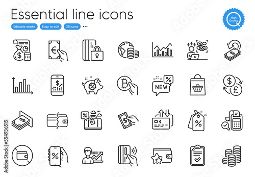 Atm money, Cashback and Bitcoin pay line icons. Collection of Pay money, Difficult stress, Diagram graph icons. Discount tags, Accounting, Payment methods web elements. Outline atm money icon. Vector