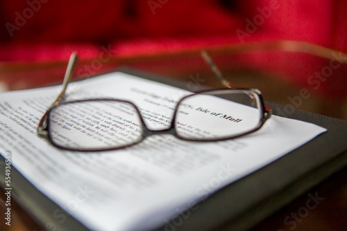 Eyeglasses frame a travel itinerary about the Isle of Mull, Scotland; Isle of Mull, Scotland