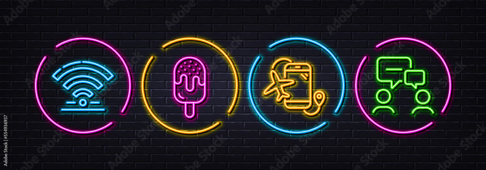 Naklejka premium Wifi, Flights application and Ice cream minimal line icons. Neon laser 3d lights. People chatting icons. For web, application, printing. Wireless internet, Airport app, Frozen dessert. Vector