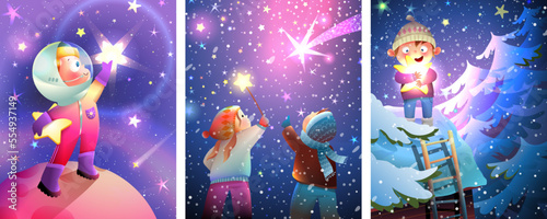 Magical winter collection with children making wish, cosmonaut kid in space. Dreaming about stars childhood collection. Vector illustrations for kids projects and storytelling.