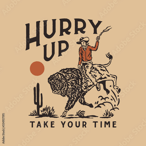 Fotografie, Obraz bison illustration rodeo graphic cowboy design cactus vintage bad land