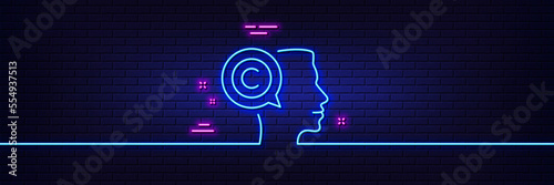 Neon light glow effect. Copyrighter line icon. Writer person sign. Copywriting symbol. 3d line neon glow icon. Brick wall banner. Writer outline. Vector