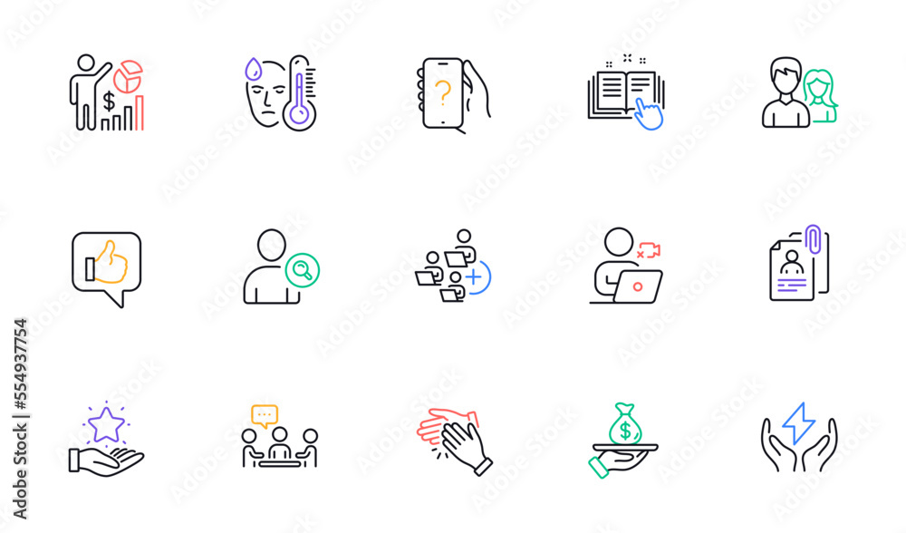Clapping hands, Ask question and Safe energy line icons for website, printing. Collection of Seo statistics, People chatting, Fever icons. Like, Loan, Loyalty program web elements. Vector Clapping hands, Ask question and Safe energy line icons for website, printing. Collection of Seo statistics, People chatting, Fever icons. Like, Loan, Loyalty program web elements. Vector