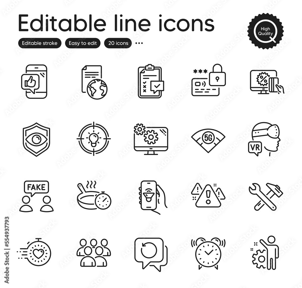 Set of Technology outline icons. Contains icons as Employee, Settings and Fake information elements. Alarm clock, 5g wifi, Mobile like web signs. Group, Online shopping, Lock elements. Vector