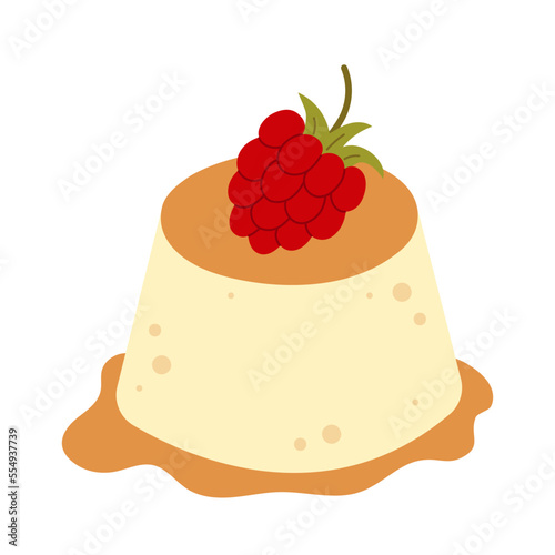 Japanese custard pudding topped with caramel sauce. Purin with raspberry. Asian sweet dessert. Vector illustration isolated on white background in flat style.