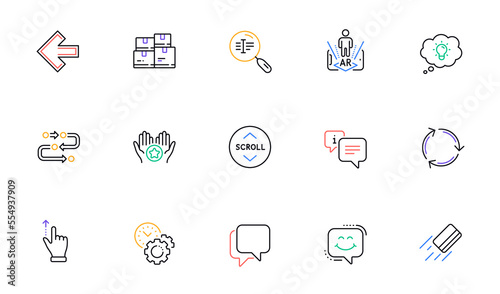Time management, Augmented reality and Info line icons for website, printing. Collection of Talk bubble, Scroll down, Methodology icons. Wholesale inventory, Search text, Energy web elements. Vector