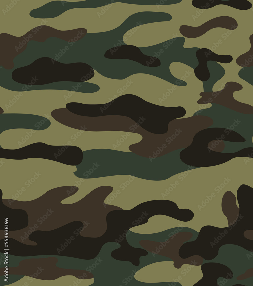 Naklejka premium Green camouflage pattern, army uniform, seamless background, vector trendy illustration. Ornament