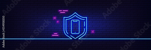 Neon light glow effect. Smartphone protection line icon. Phone shield sign. Mobile device symbol. 3d line neon glow icon. Brick wall banner. Smartphone protection outline. Vector