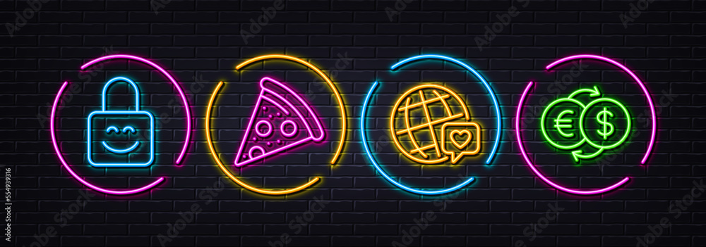Lock, World brand and Pizza minimal line icons. Neon laser 3d lights. Money exchange icons. For web, application, printing. Padlock smile, Love, Pizzeria. Eur to usd. Neon lights buttons. Vector