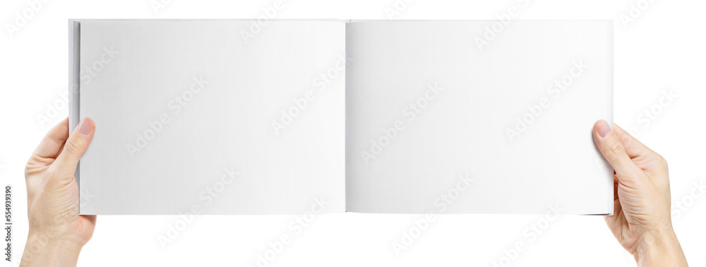 Hands holding open wide album, isolated on white background Hands holding open wide album, isolated on white background