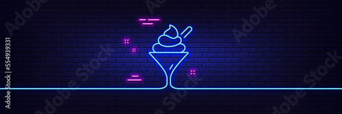 Neon light glow effect. Ice cream in glass line icon. Vanilla sundae sign. Frozen summer dessert symbol. 3d line neon glow icon. Brick wall banner. Ice cream outline. Vector