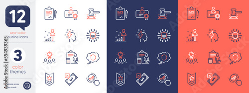 Set of Judge hammer, Graph chart and Stats line icons. Include Clipboard, Brainstorming, Shoulder strap icons. Recovery data, Rejected payment, Certificate web elements. Business idea. Vector