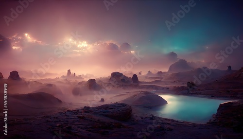space background. pond and purple mountains under the stars and shining spheres in the sky. 3d render. AI