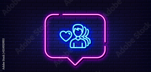 Neon light speech bubble. Couple Love line icon. Group of Men sign. Valentines day symbol. Neon light background. Man love glow line. Brick wall banner. Vector